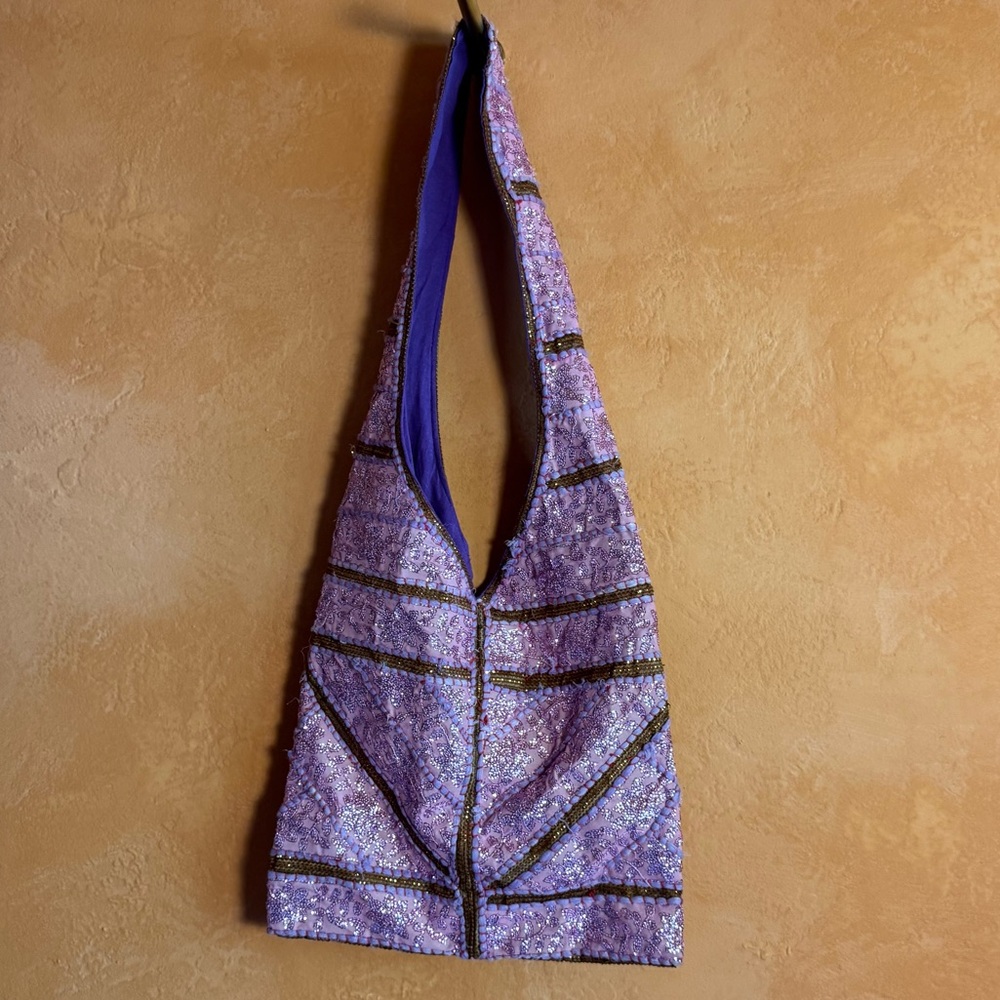 Boho Sequin Patchwork Hobo Bag Purple Embroidered Festival Tote